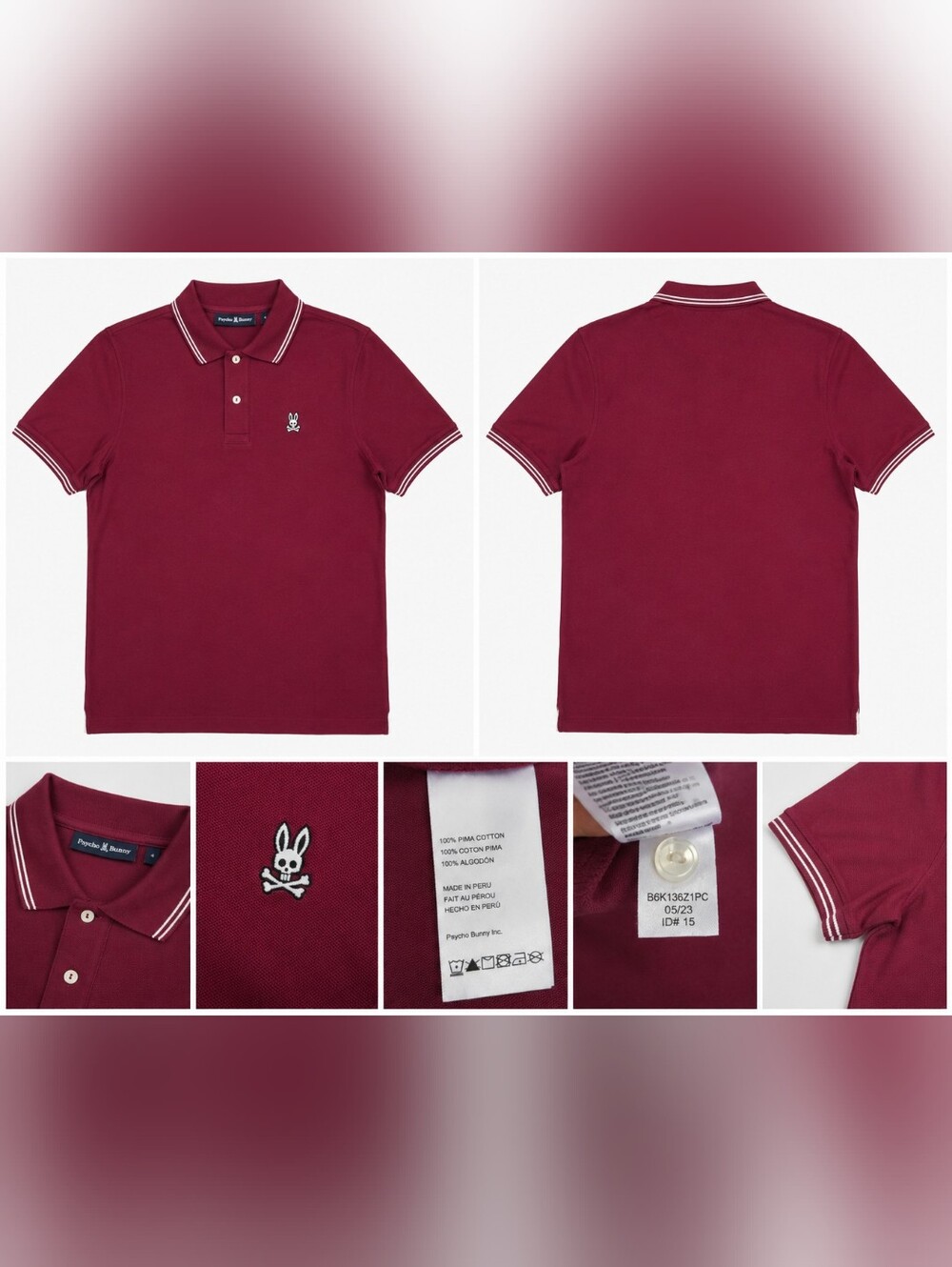 Psycho Bunny Men's Polo Shirt Size 4 Burgundy Pima Cotton Skull Bunny Logo Golf.